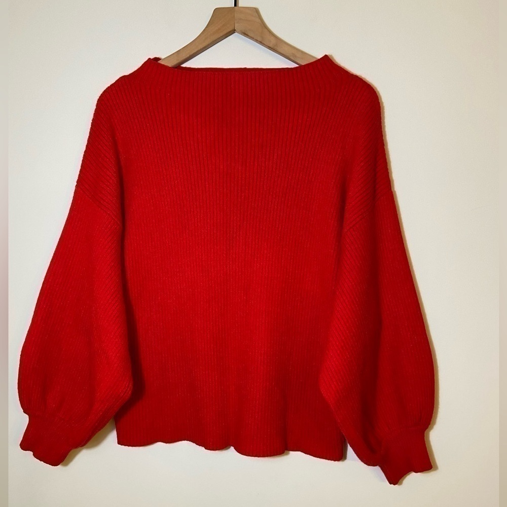 Line + Dot Womens Large Alder High Neck Ribbed Bubble Sleeve Sweater Red